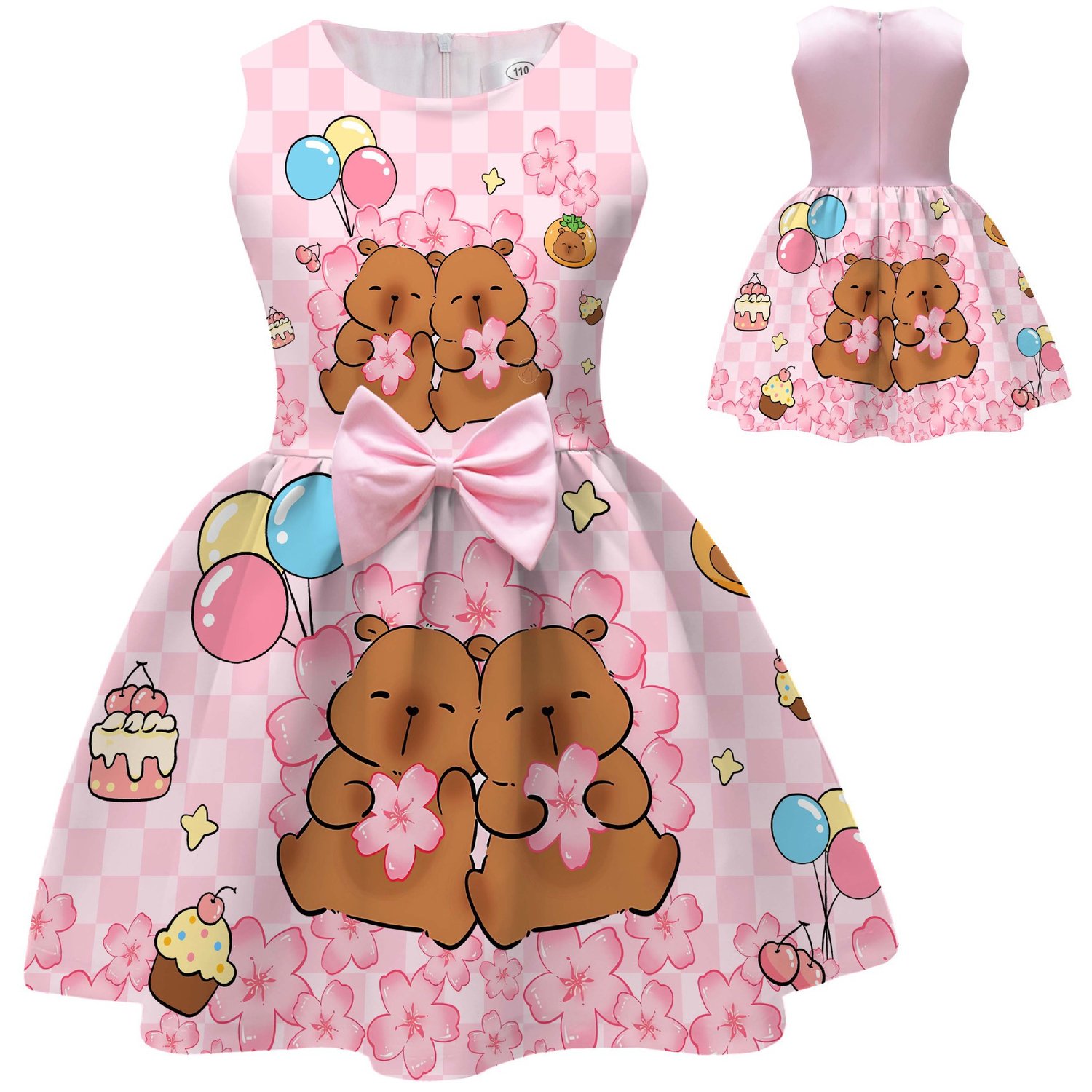Capybara print girls A-line princess dress in pink and purple