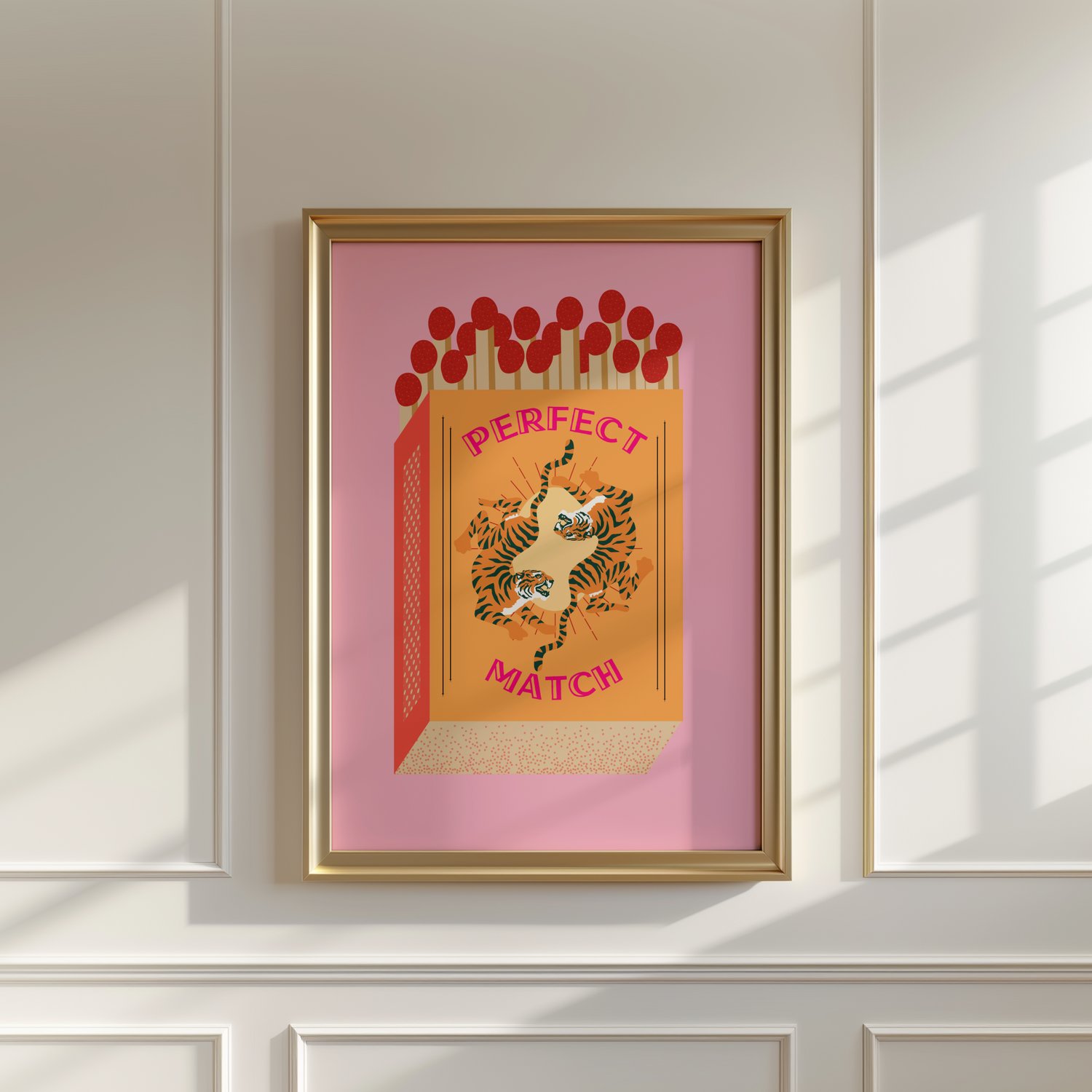 matchbox wall art, tiger poster, retro wall art, quirky wall decor, eclectic wall art, modern gallery wall, playful wall art, pink wall art, vintage inspired poster, statement wall art, animal illustration print, digital wall art download, retro matchbox 