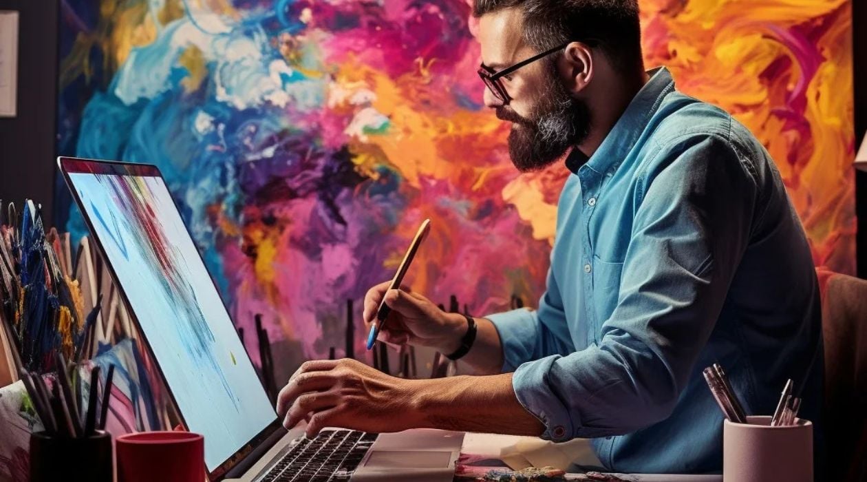 An A.I.-generated illustration of a man sitting at a desk drawing something on a laptop computer.