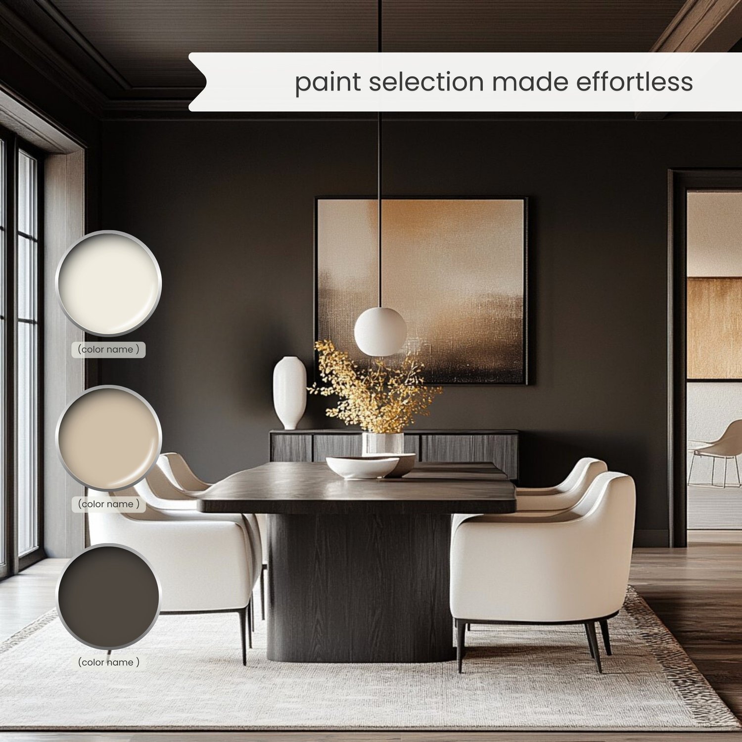 An Organic Modern color palette with Sherwin Williams paints. The neutral earth tone color scheme includes white, gray, beige, green, blush, brown and black. Moody earth tones and earthy neutrals. Curated and designed by Lavenia Shash.