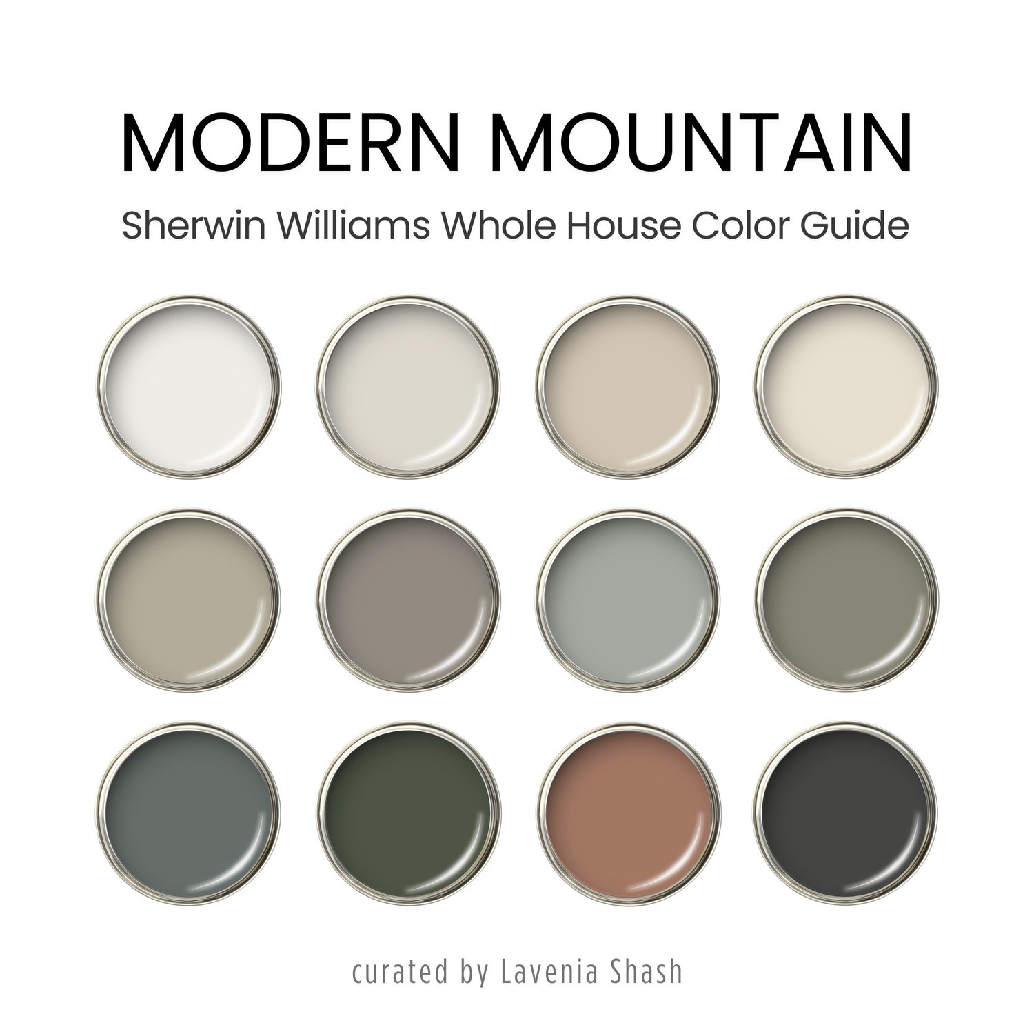 A Modern Mountain color palette with Sherwin Williams paint scheme. Organic earth tones for home interior.