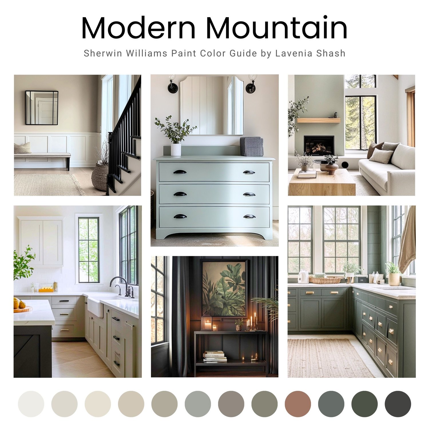 A Modern Mountain color palette with Sherwin Williams paint scheme. Organic earth tones for home interior.