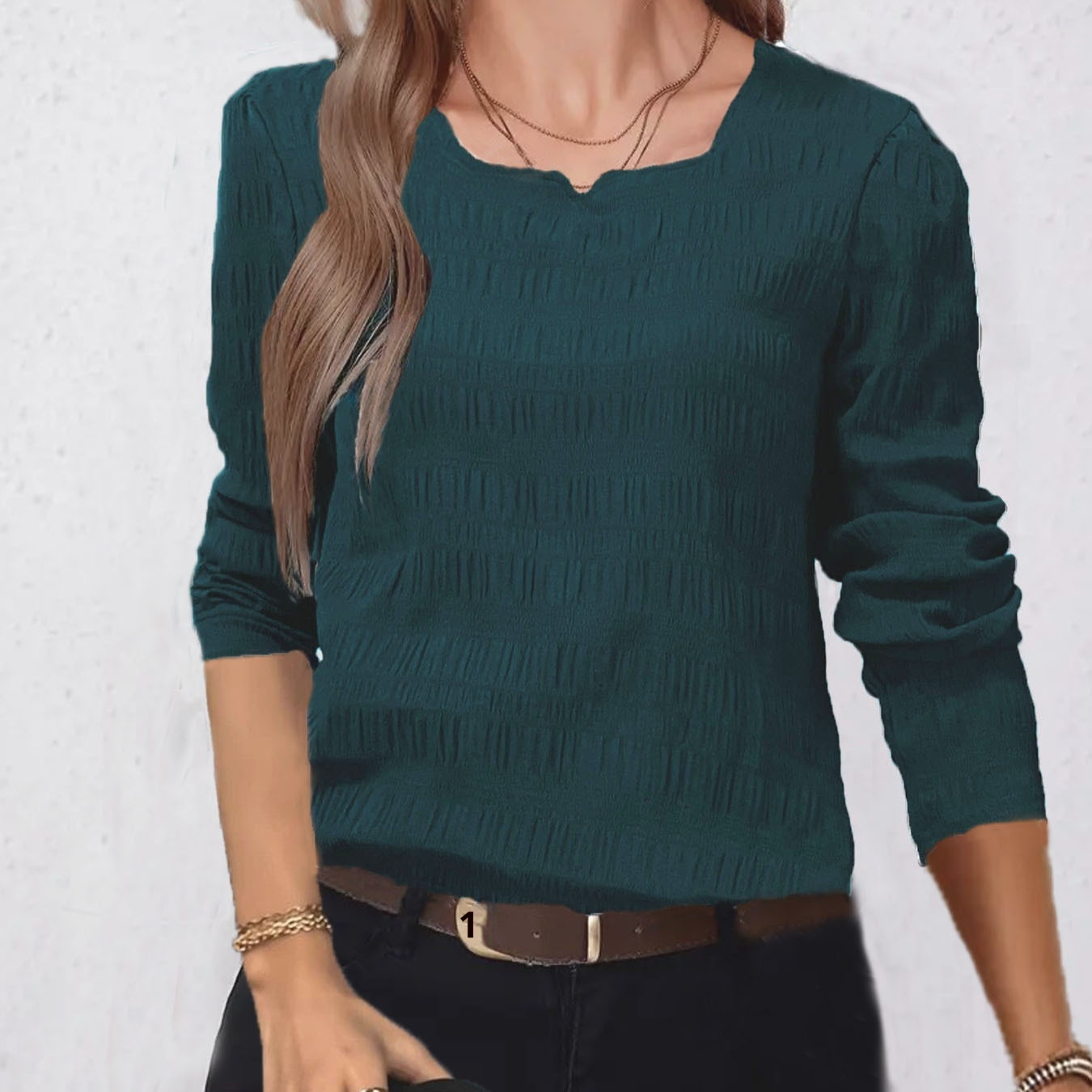 Women’s peacock green pleated long-sleeve blouse