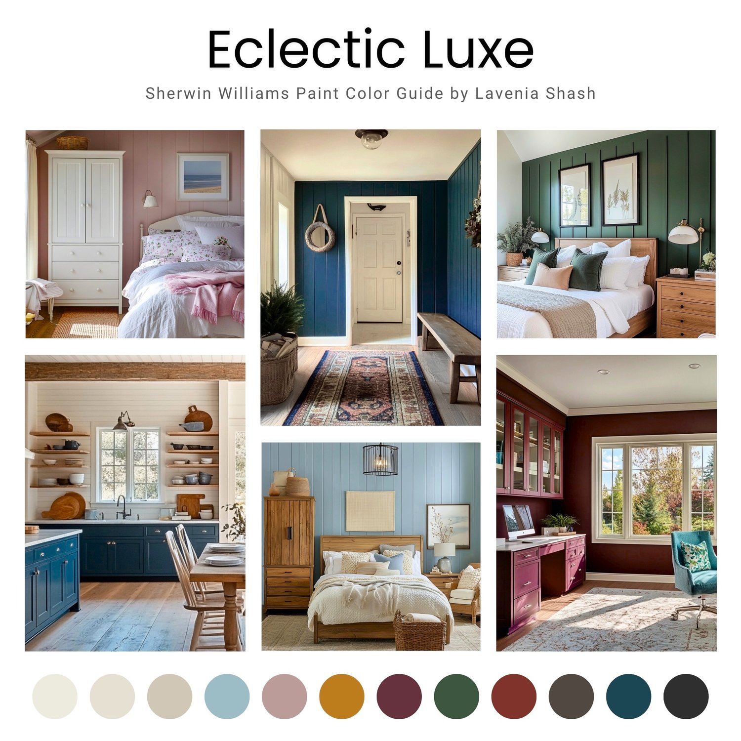 Sherwin Williams Eclectic Luxe Color Palette For Whole House Interior. Paint Scheme With Jewel Tones For Glam Maximalist, Bold Luxury Home Deco.