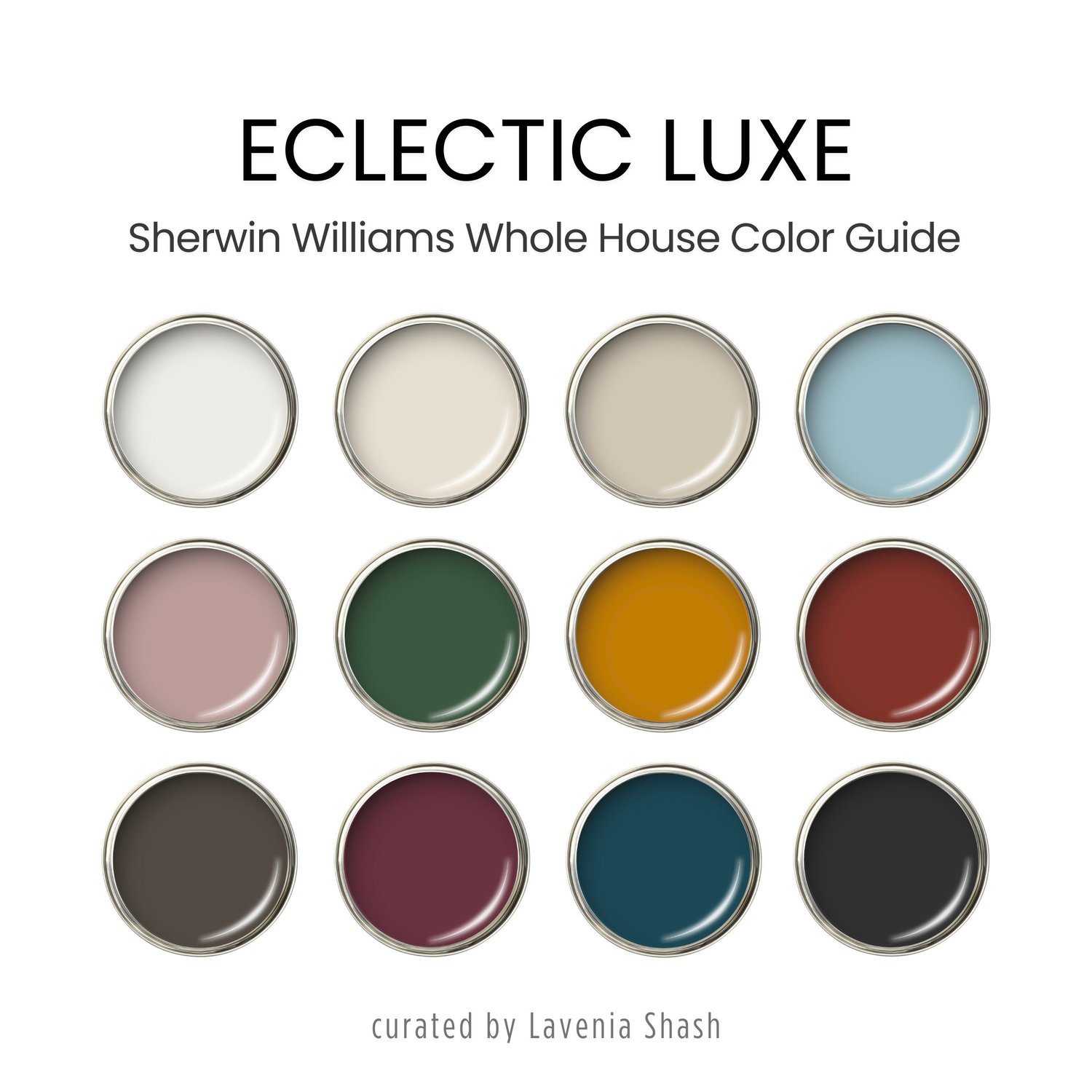 Sherwin Williams Eclectic Luxe Color Palette For Whole House Interior. Paint Scheme With Jewel Tones For Glam Maximalist, Bold Luxury Home Deco.