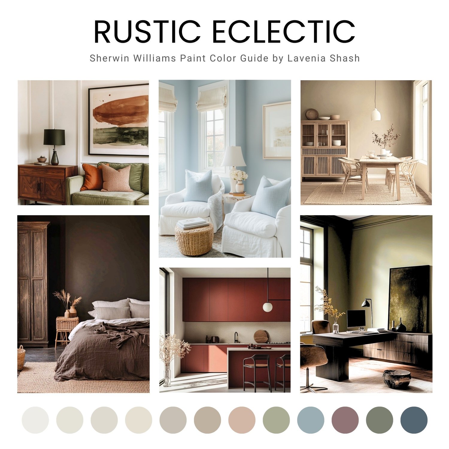 A Rustic Eclectic color palette with Sherwin Williams paints. The Boho color scheme includes white, neutrals and earth tones with greens, browns and terracotta. Moody earth tones and earthy neutrals. Curated and designed by Lavenia Shash.
