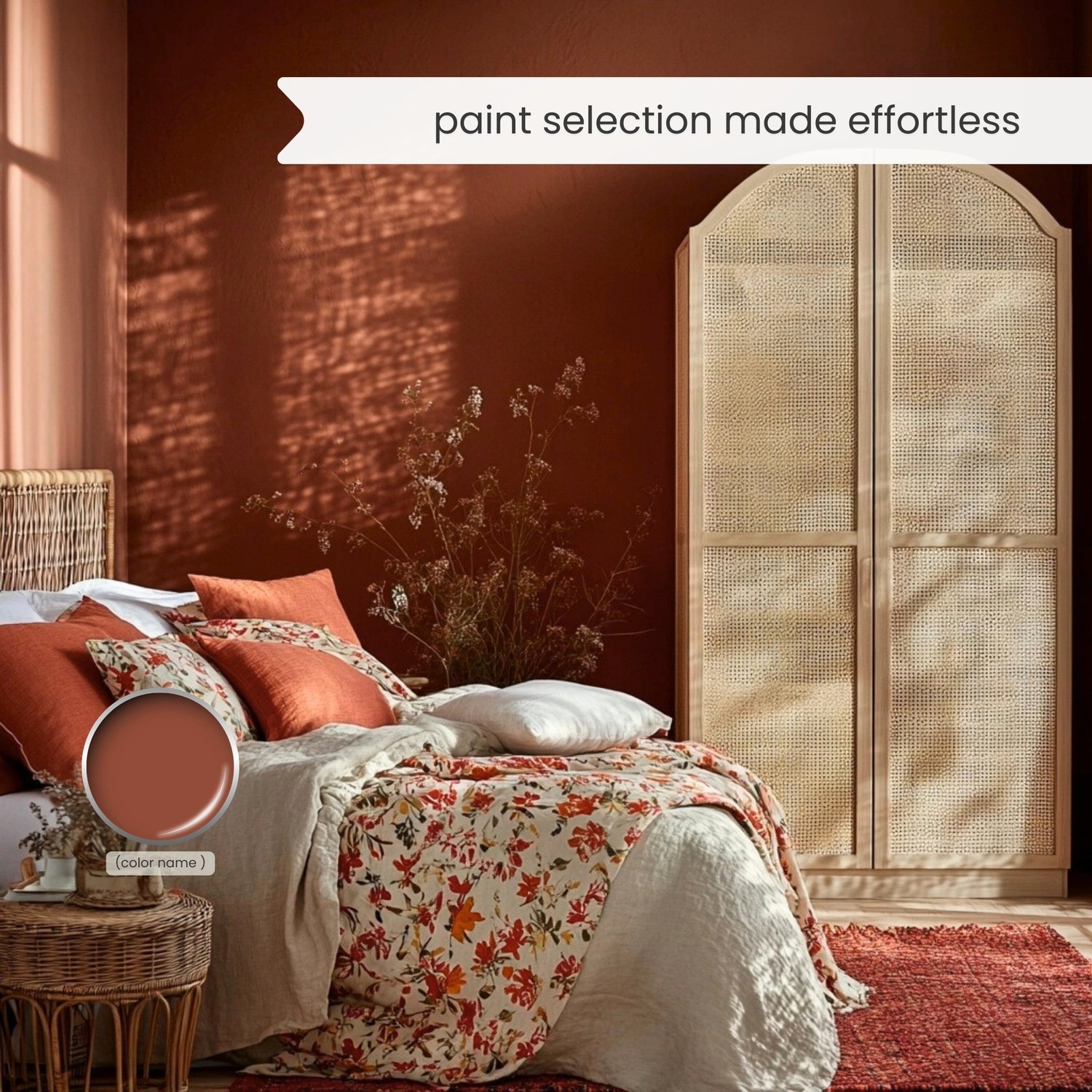 A Rustic Eclectic color palette with Sherwin Williams paints. The Boho color scheme includes white, neutrals and earth tones with greens, browns and terracotta. Moody earth tones and earthy neutrals. Curated and designed by Lavenia Shash.