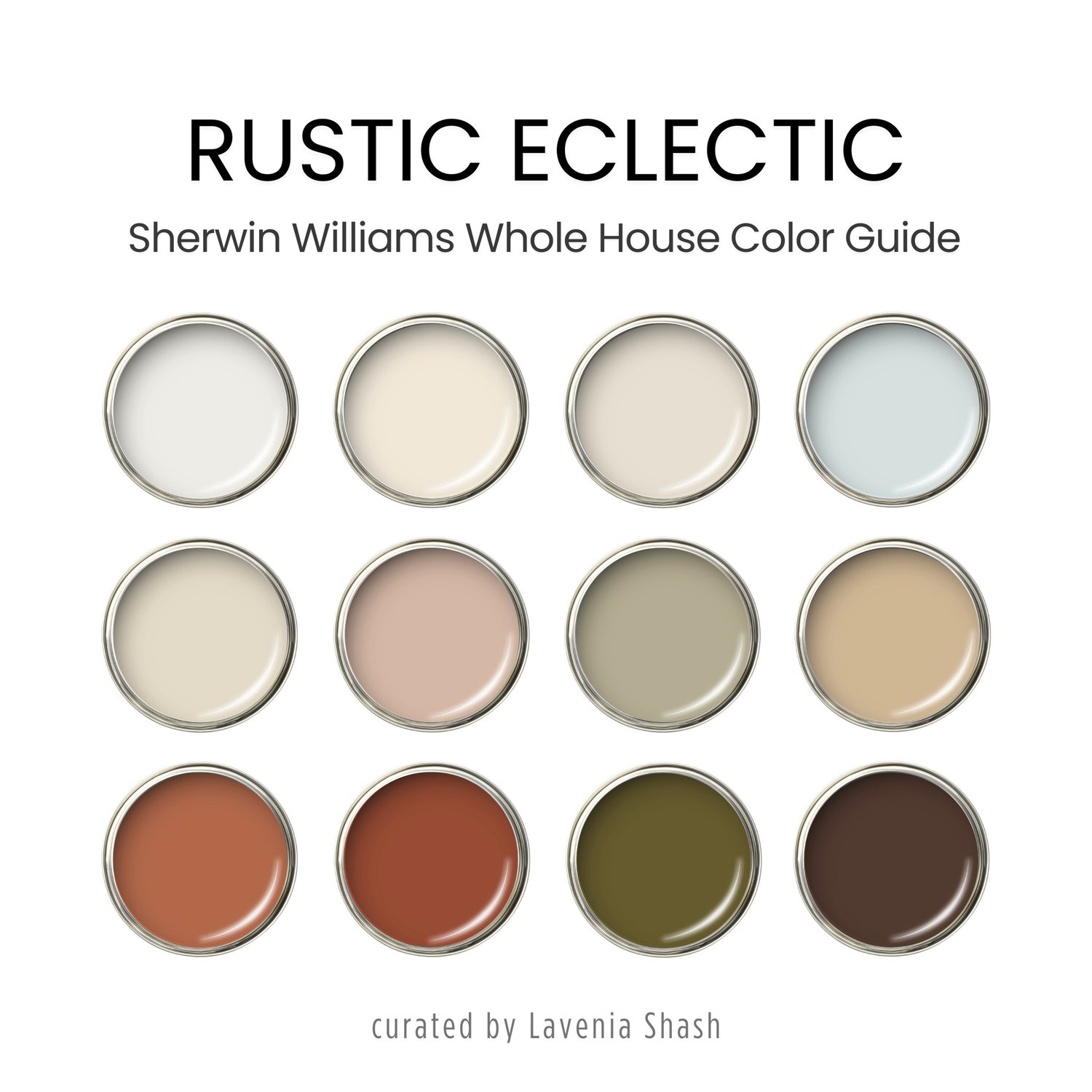 A Rustic Eclectic color palette with Sherwin Williams paints. The Boho color scheme includes white, neutrals and earth tones with greens, browns and terracotta. Moody earth tones and earthy neutrals. Curated and designed by Lavenia Shash.