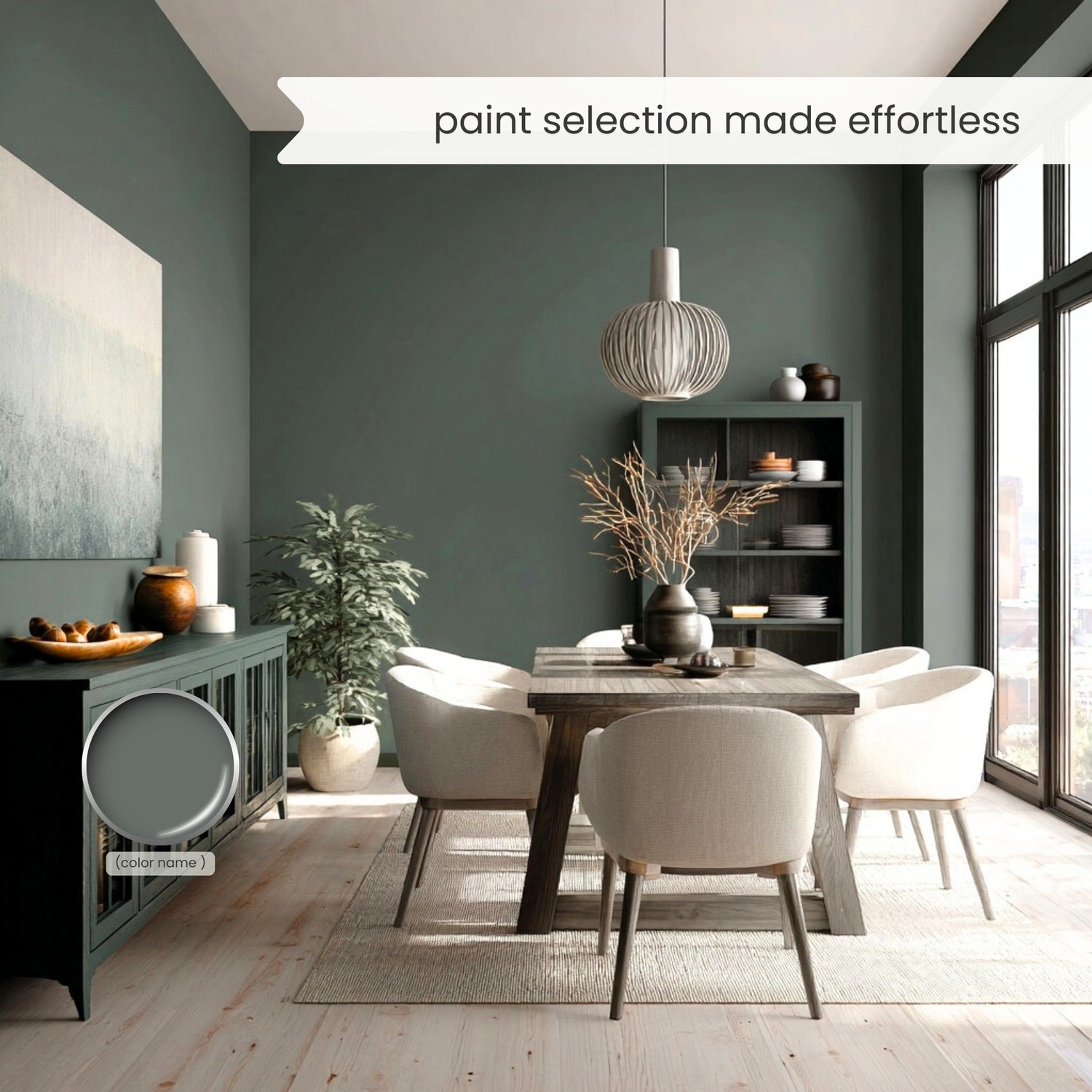 A Modern Rustic, Mountain Farmhouse color palette with Sherwin Williams paint colors. Coordinating and complementary colors of white, gray, griege, beige, blue, green, brown and black for the whole house interior. Curated by Lavenia Shash.