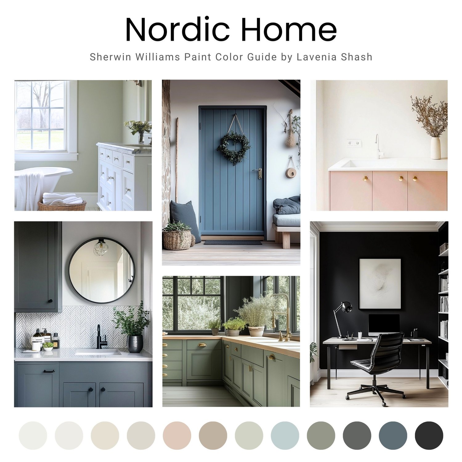 A Nordic Scandinavian minimalist color palette with Sherwin Williams paint colors. Coordinating and complementary colors of white, gray, griege, beige, blue, green, blush pink and black for the whole house. Curated by Lavenia Shash.