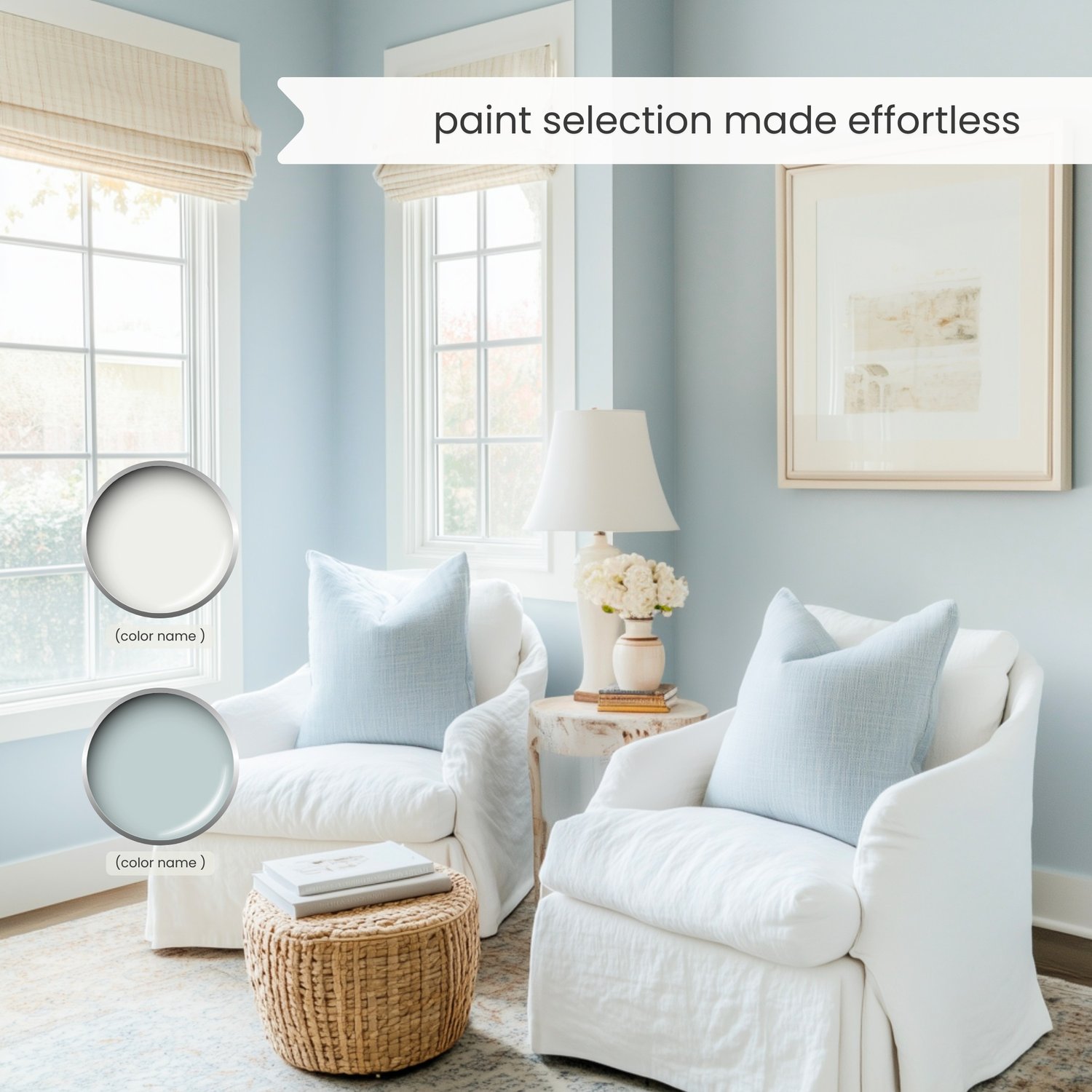 A Nordic Scandinavian minimalist color palette with Sherwin Williams paint colors. Coordinating and complementary colors of white, gray, griege, beige, blue, green, blush pink and black for the whole house. Curated by Lavenia Shash.