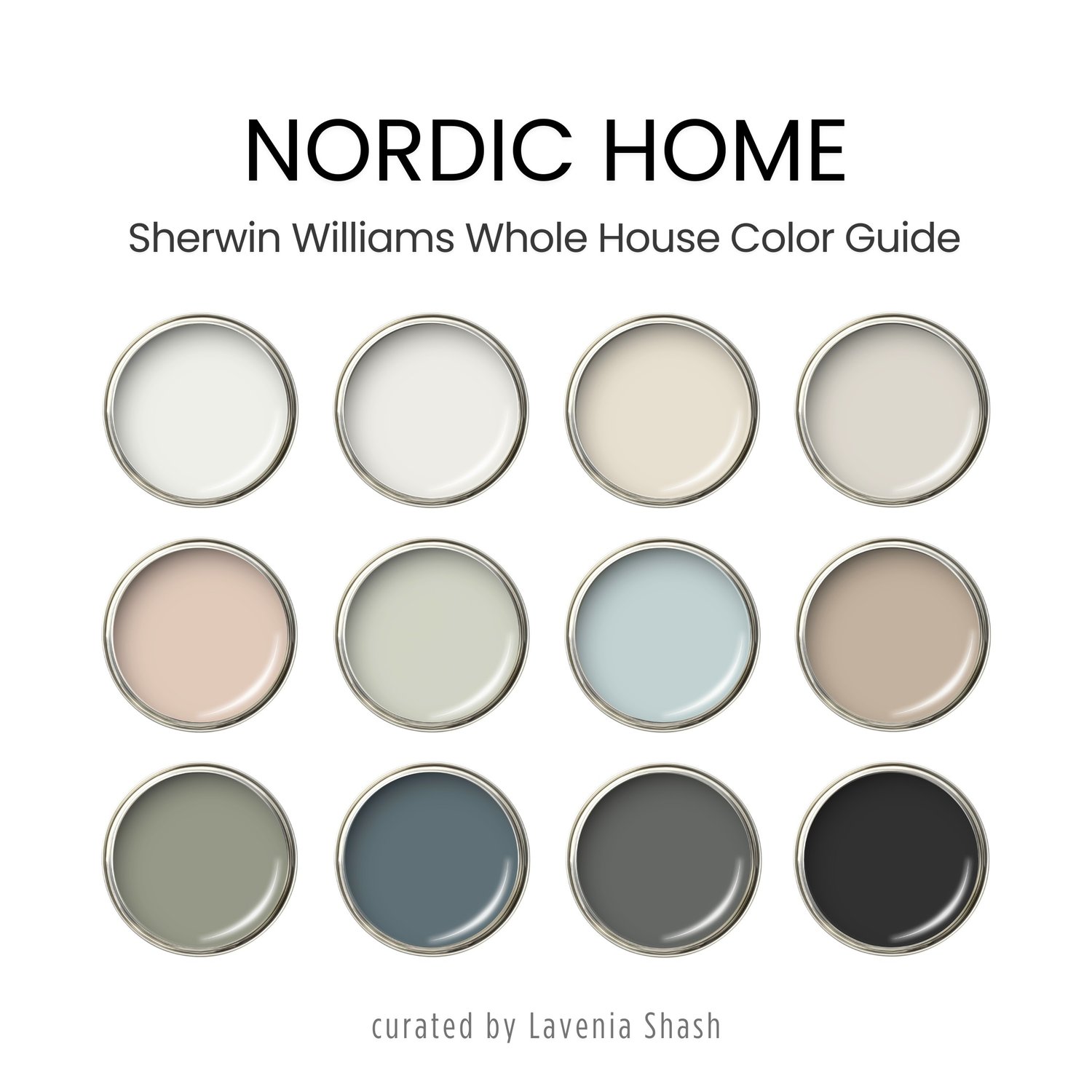 A Nordic Scandinavian minimalist color palette with Sherwin Williams paint colors. Coordinating and complementary colors of white, gray, griege, beige, blue, green, blush pink and black for the whole house. Curated by Lavenia Shash.