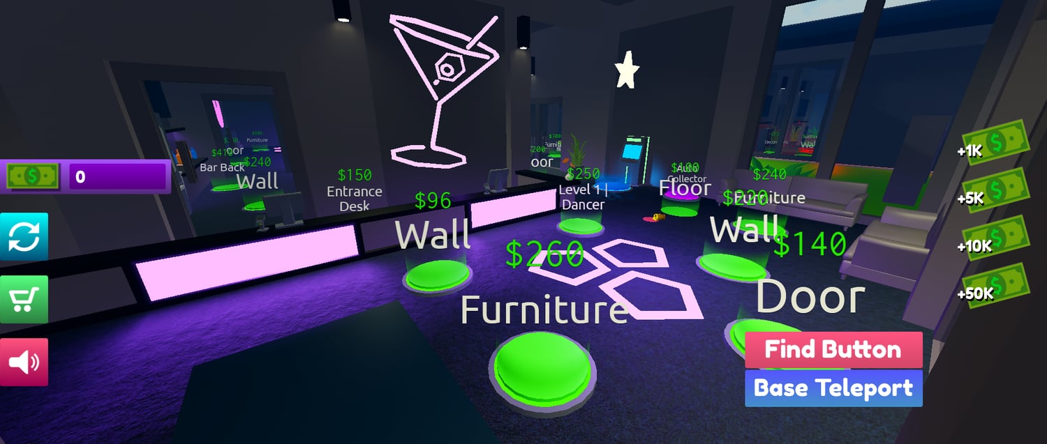 Club interior layout for tycoon gameplay in Roblox