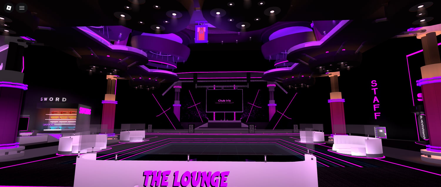 Sleek futuristic design inside a Roblox club