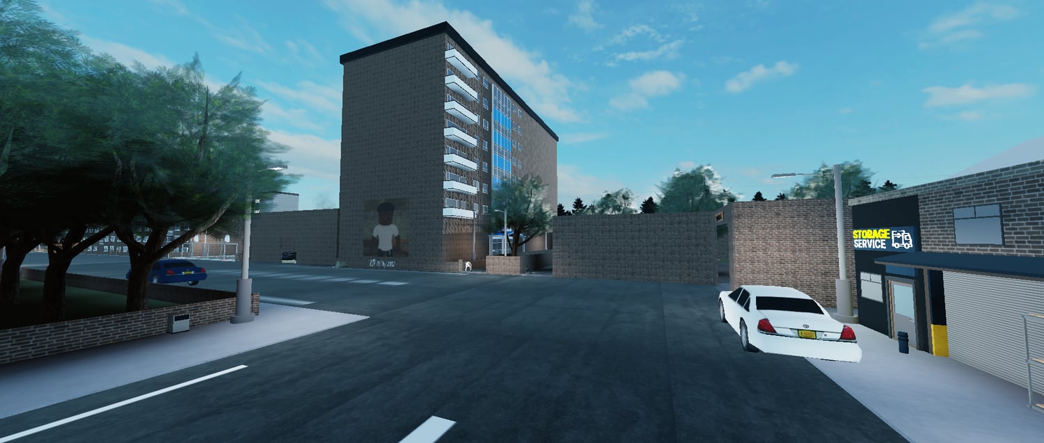 Urban storefronts and sidewalks in Roblox