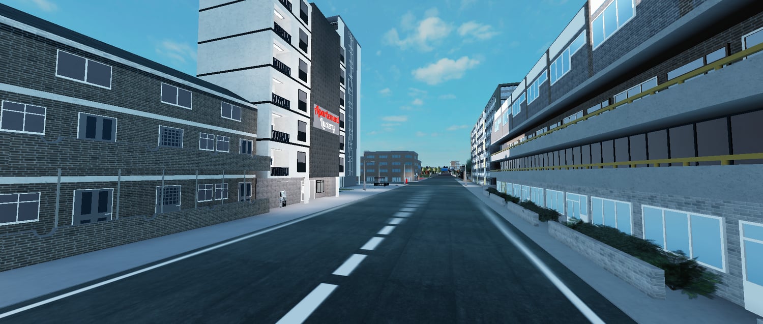 Dense urban blocks in a European Roblox map