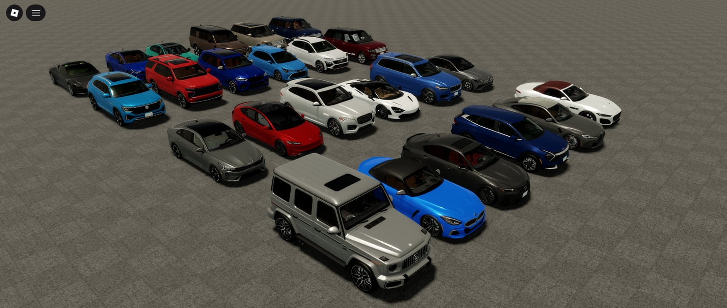 Multiple cars lined up in a Roblox map
