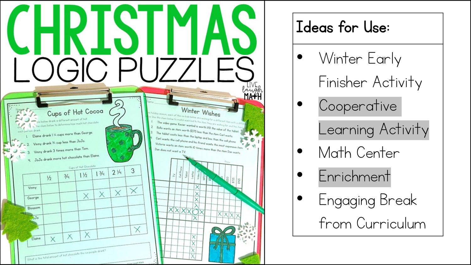 Christmas Math Enrichment Activities - December & Winter Logic Puzzle Worksheets