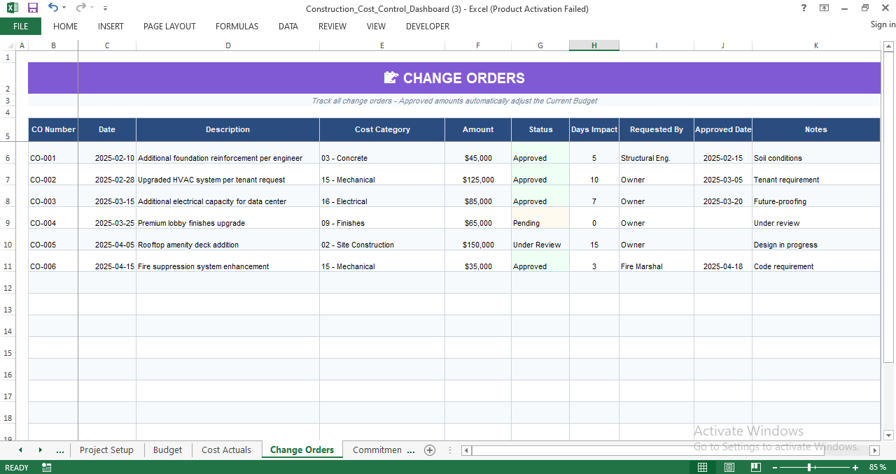 Construction change orders log in Excel tracking approved, pending, and under-review change orders with cost and schedule impacts