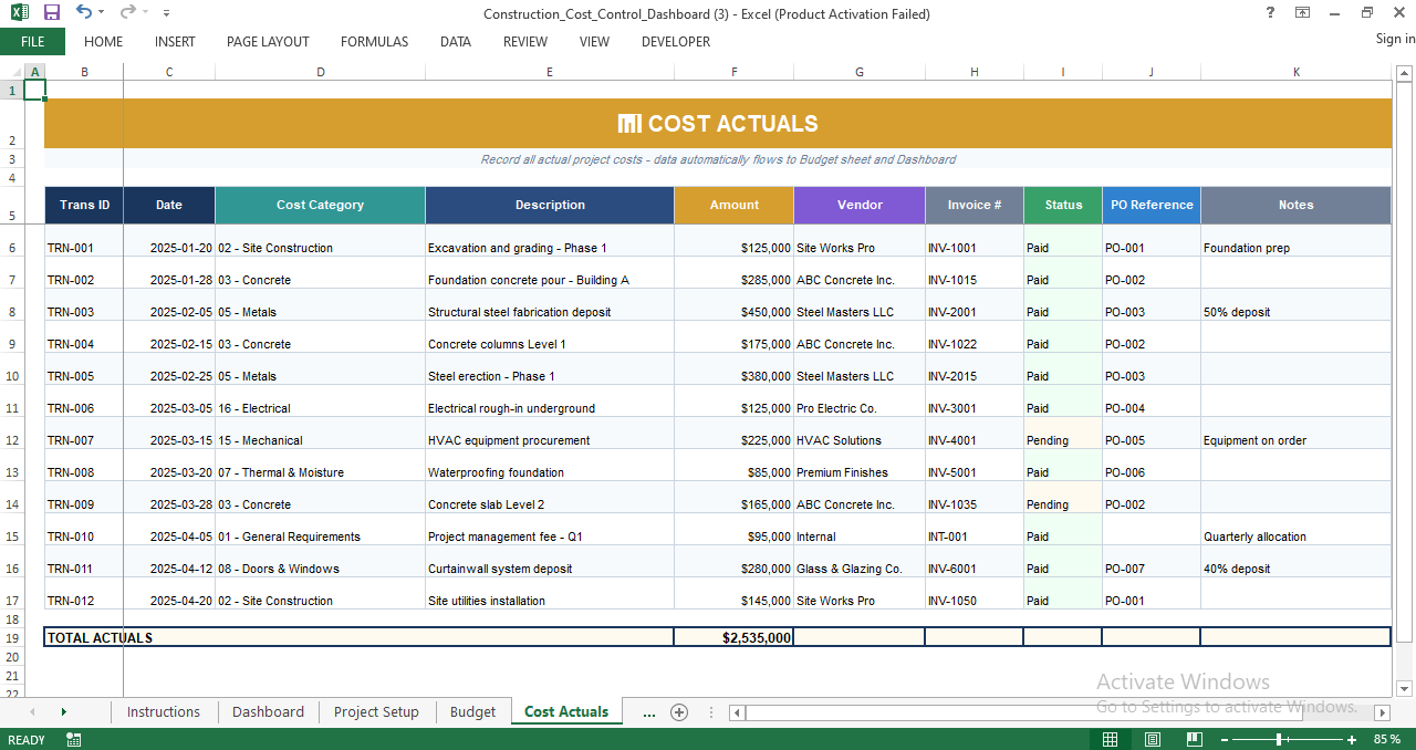 Construction cost actuals tracking sheet in Excel recording project expenses by category, vendor, invoice, status, and purchase order