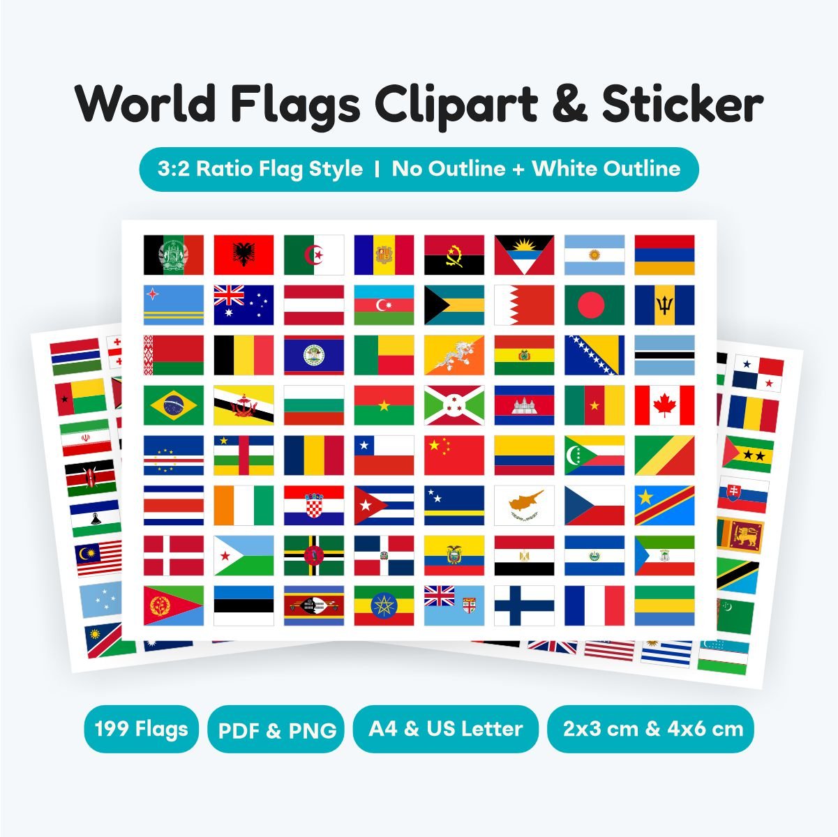 World flags sticker printable PDF sheets