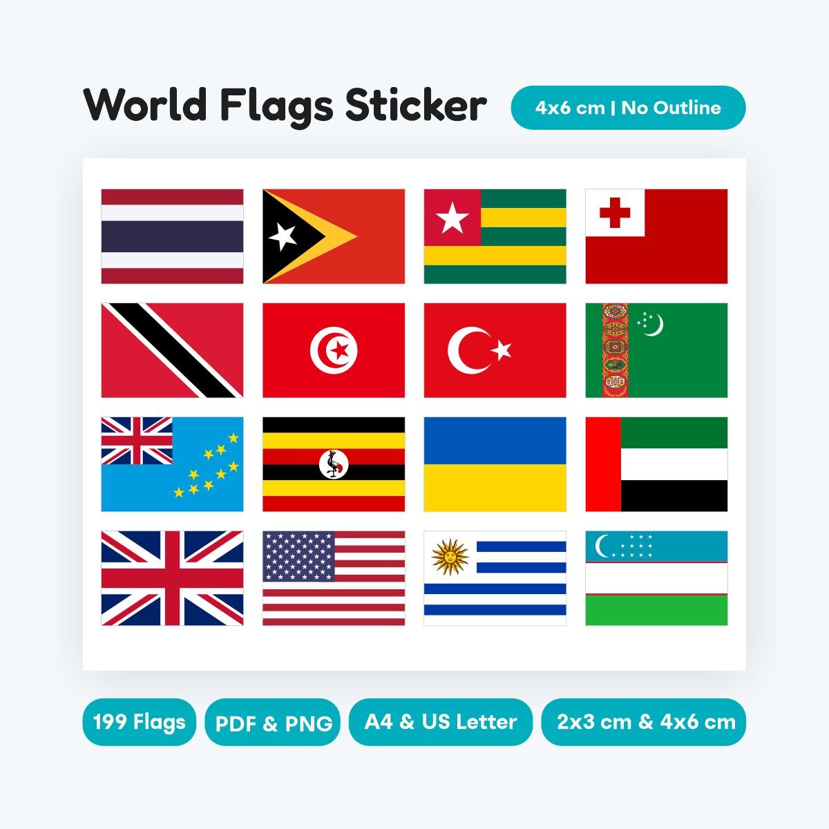 World flags stickers 4x6 cm printable