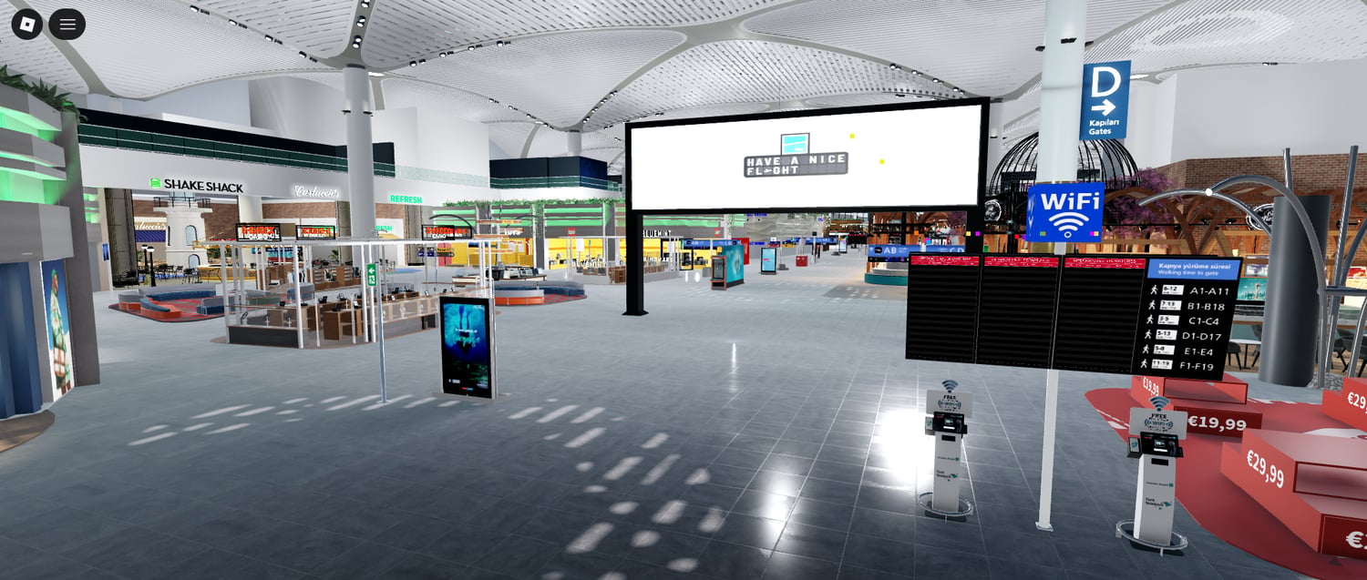 Spacious departure hall in a realistic Roblox airport