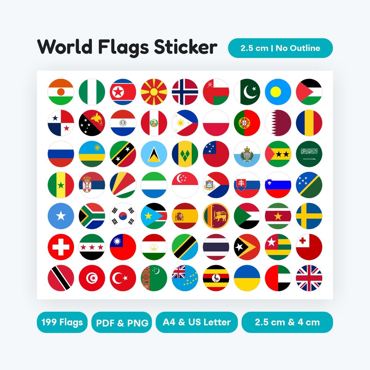 Circle world flags sticker printable US Letter