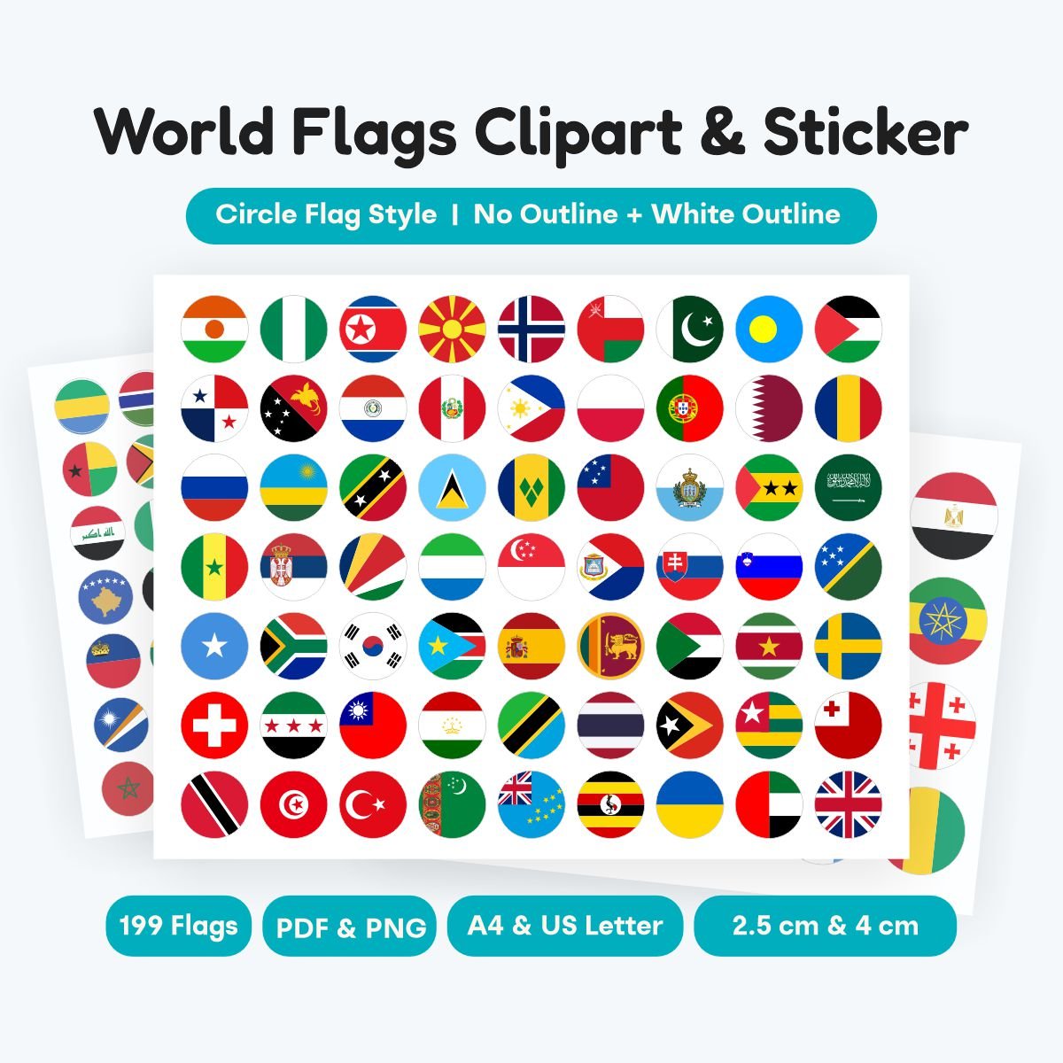 World flags sticker printable circle design