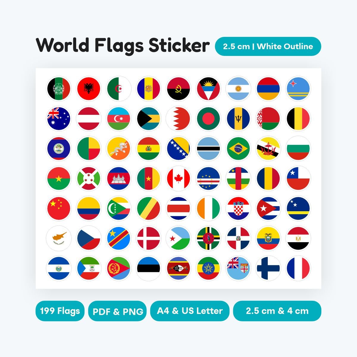 Circle world flags stickers 2.5x2.5 cm