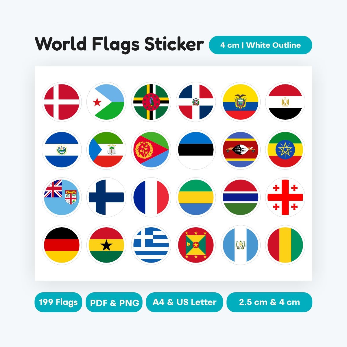 World flags printable stickers circle style