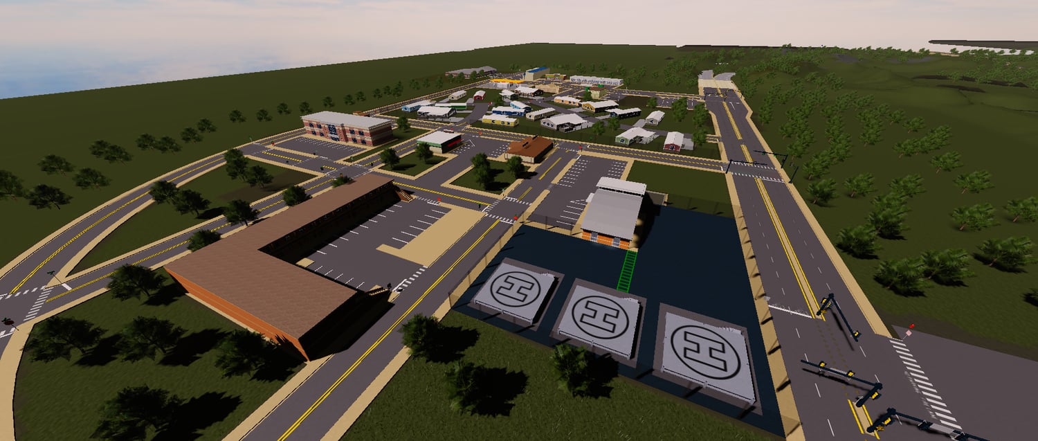 Basic city structures in a Roblox roleplay map