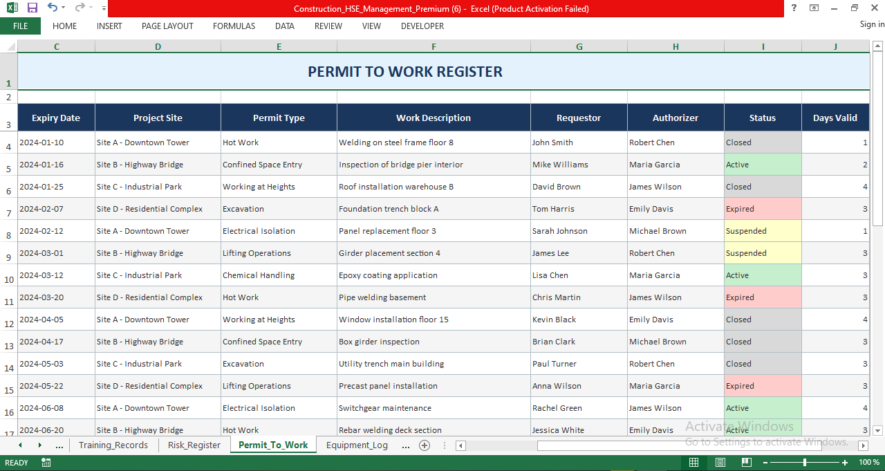 Permit to work register Excel template for construction projects managing hot work, confined space entry, working at heights, excavation, and permit status.