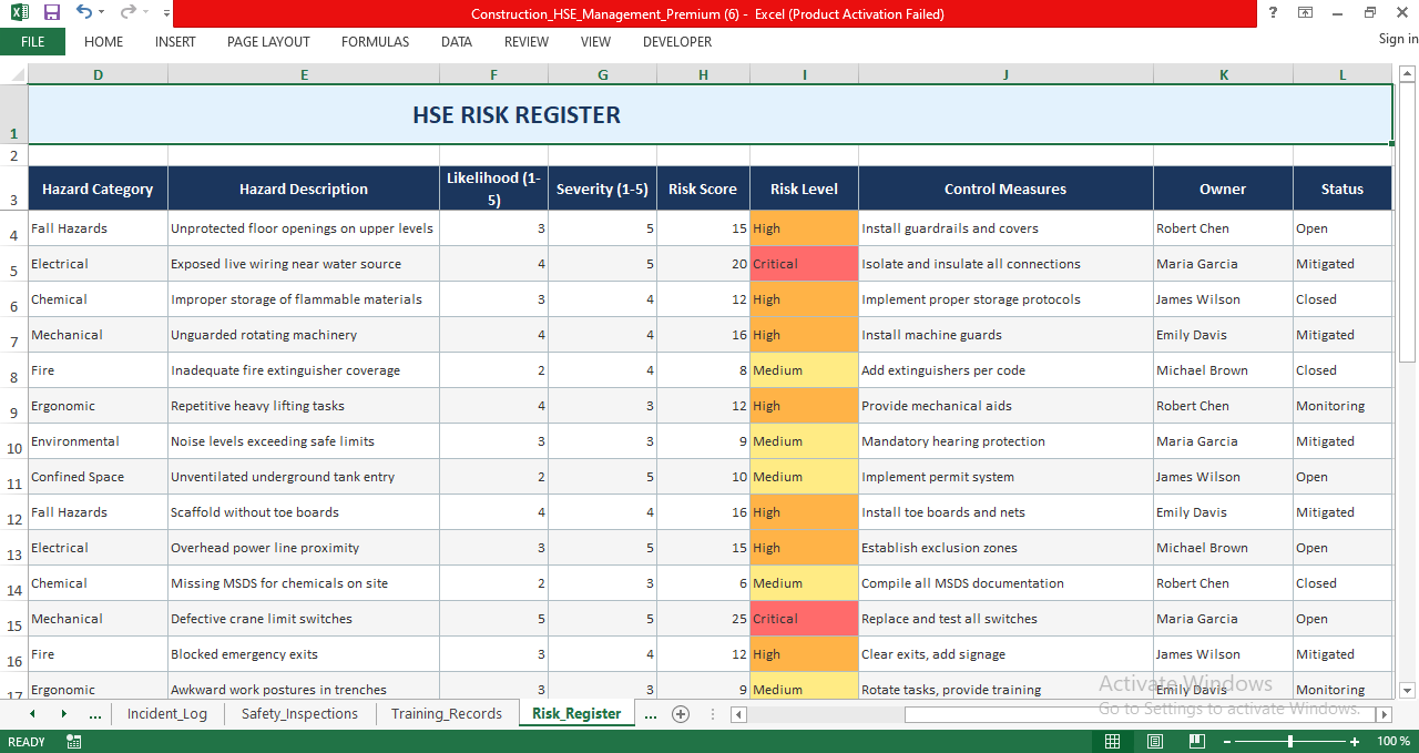 Construction HSE risk register Excel template with likelihood and severity scoring, risk levels, control measures, owners, and mitigation status.