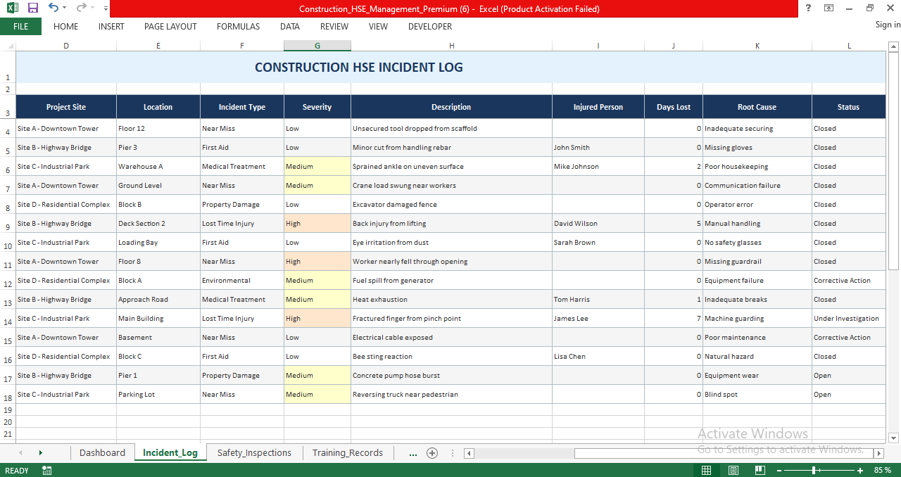 Construction HSE incident log Excel sheet tracking near misses, first aid cases, medical treatment incidents, lost time injuries, root causes, and corrective actions.