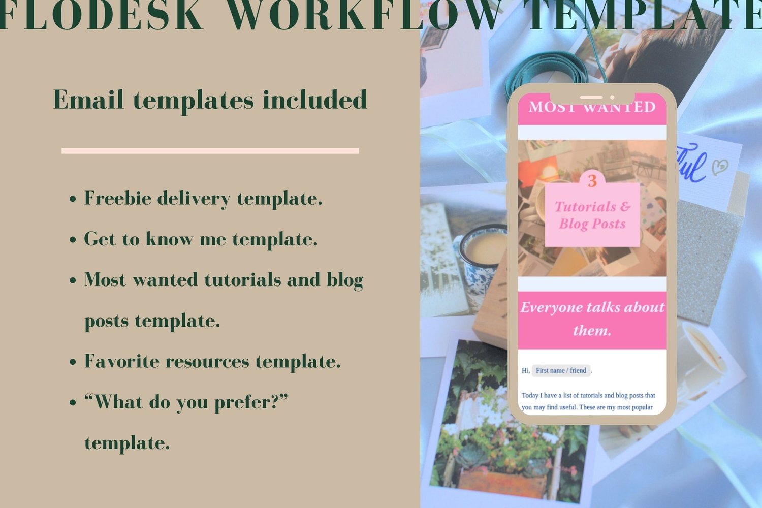 This Flodesk workflow template includes five email templates: freebie delivery template, get to know me template, most wanted tutorials and blog posts template, favorite resources template, and “what do you prefer?” template.