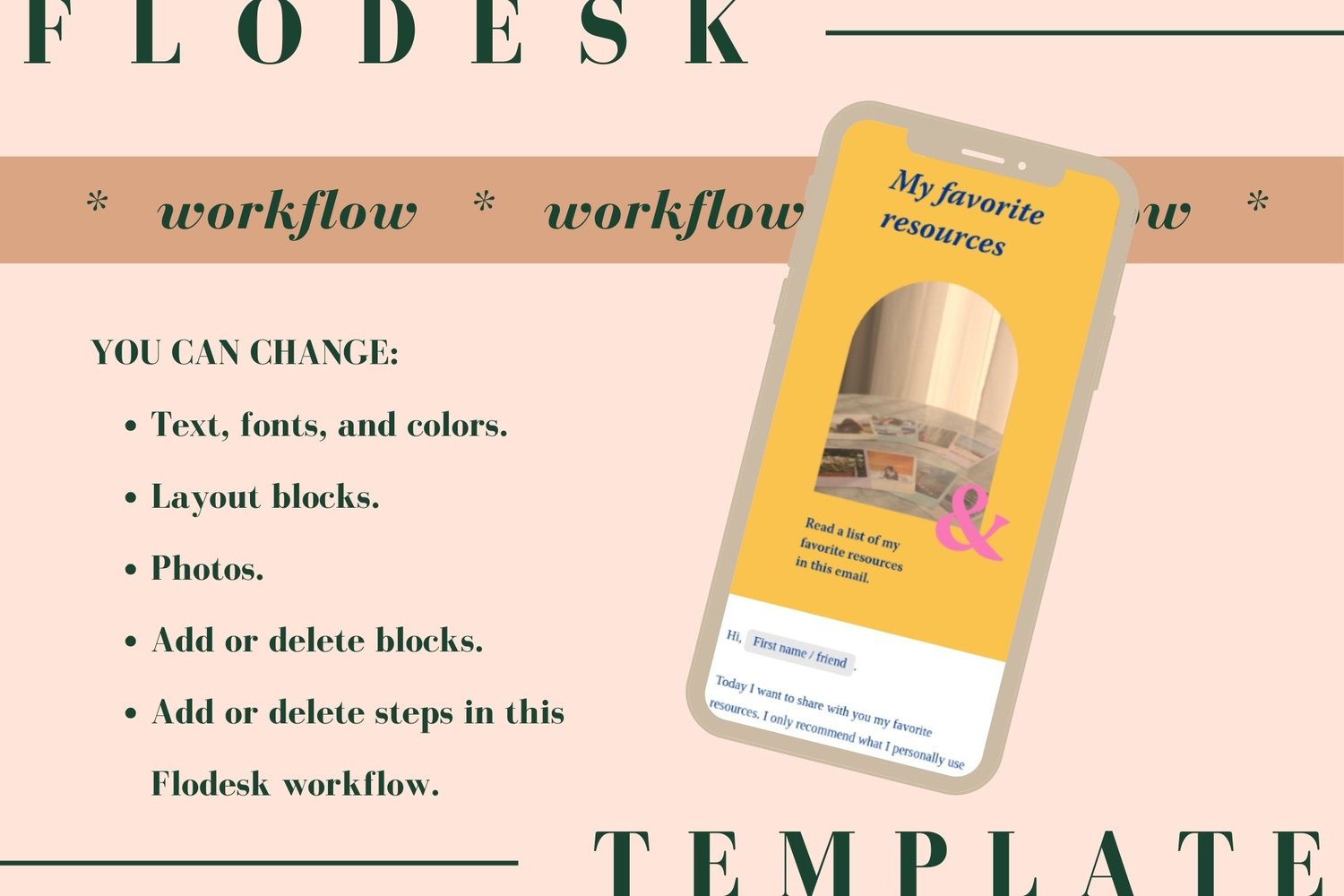 Fully customizable with a Flodesk account. You can change text, fonts, colors, layout blocks, photos, and add or delete elements and workflow steps.