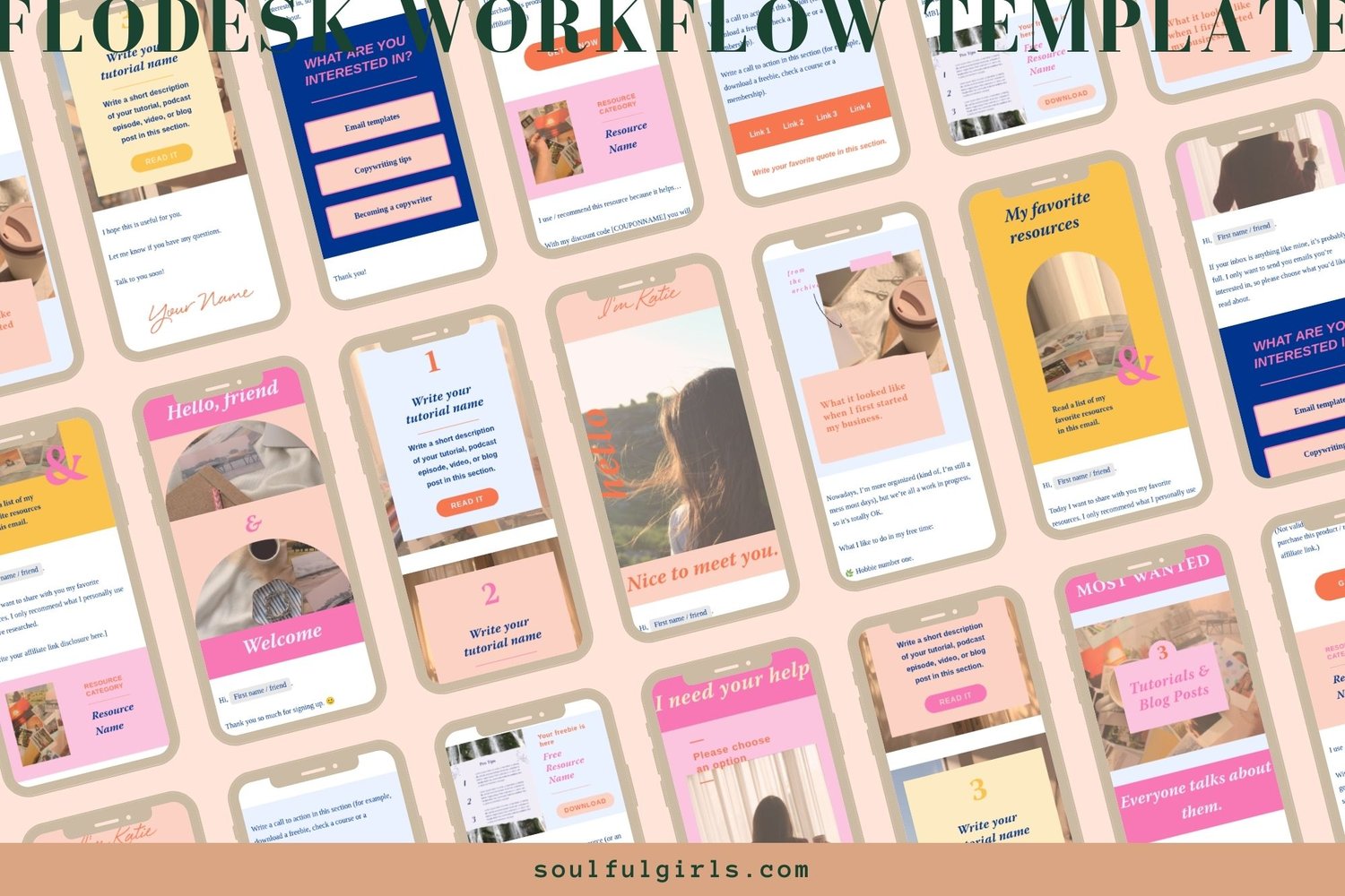 General view of the email templates included in this Flodesk welcome sequence workflow template from our Bold Collection.