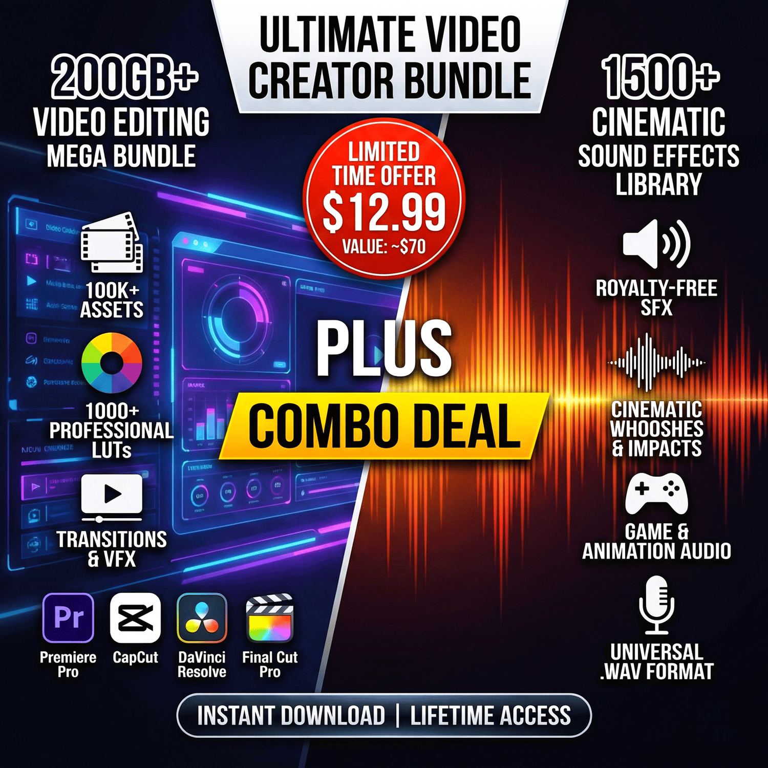 video editing bundle, sound effects library, cinematic luts, premiere pro assets, royalty free sfx, content creator kit, video transitions, capcut templates, davinci resolve presets, final cut pro effects, film grain overlay, glitch transitions, 4k light