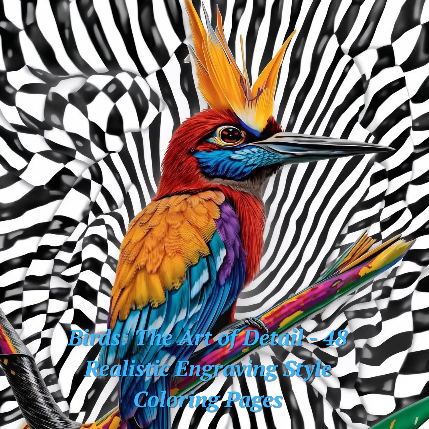 Birds: The Art of Detail coloring book cover, 48 realistic engraving-style bird illustrations, PDF bundle.