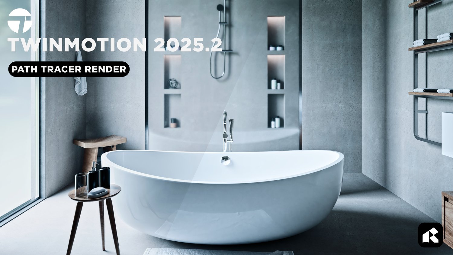 Minimalist bathroom interior rendered in Twinmotion 2025.2 using the Path Tracer, showcasing natural light, realistic material textures, soft shadows, and clean architectural composition for photorealistic interior visualization.