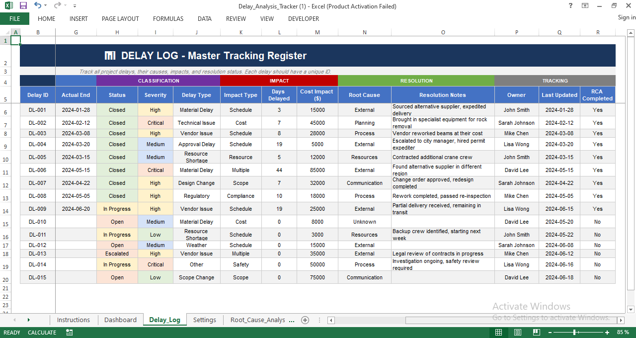 Project delay log Excel sheet for tracking delay ID, status, severity, delay type, cost impact, root cause, owner, and resolution details.