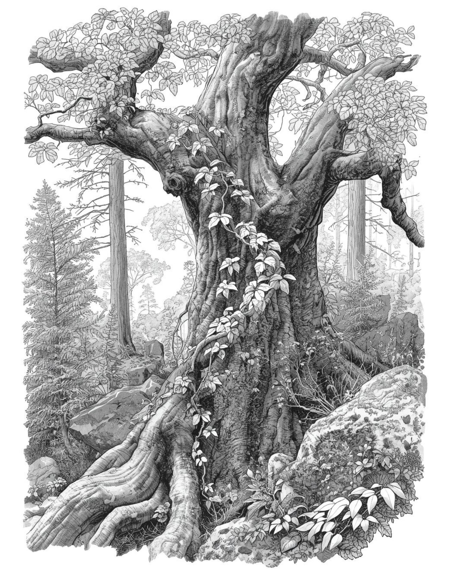 Detailed engraving-style line art of a wild forest scene with dense trees and foliage, printable coloring page.