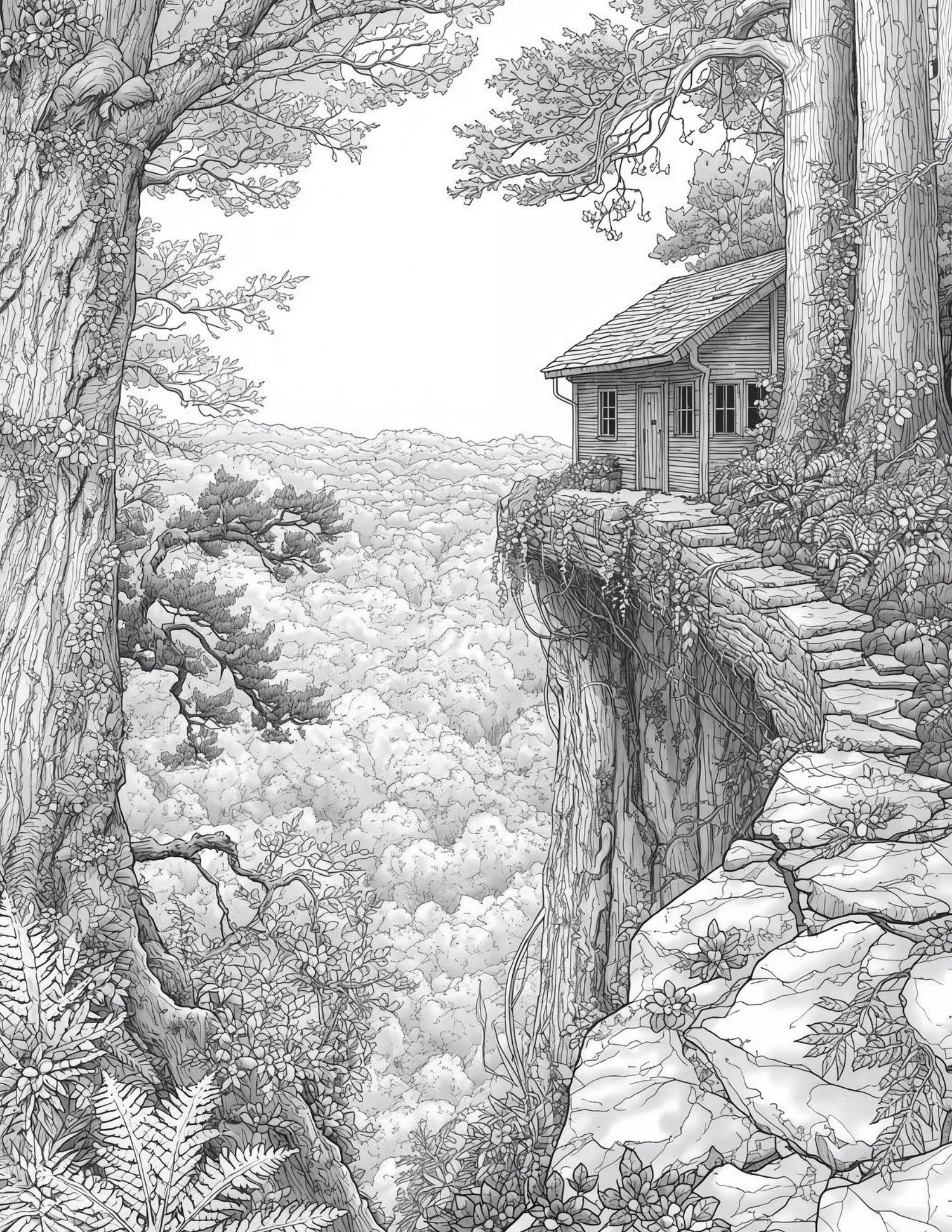 Detailed engraving-style line art of a wild forest scene with dense trees and foliage, printable coloring page.