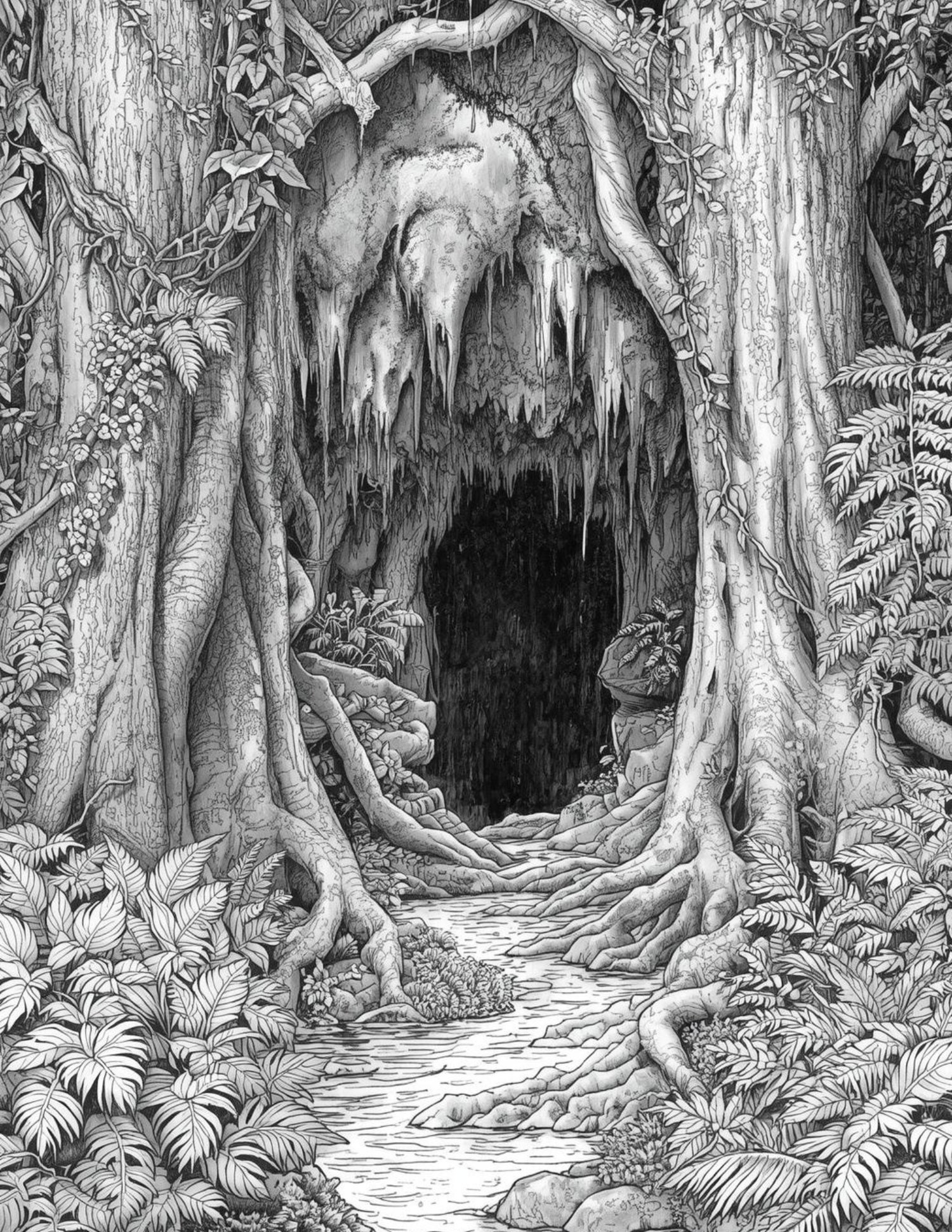 Detailed engraving-style line art of a wild forest scene with dense trees and foliage, printable coloring page.