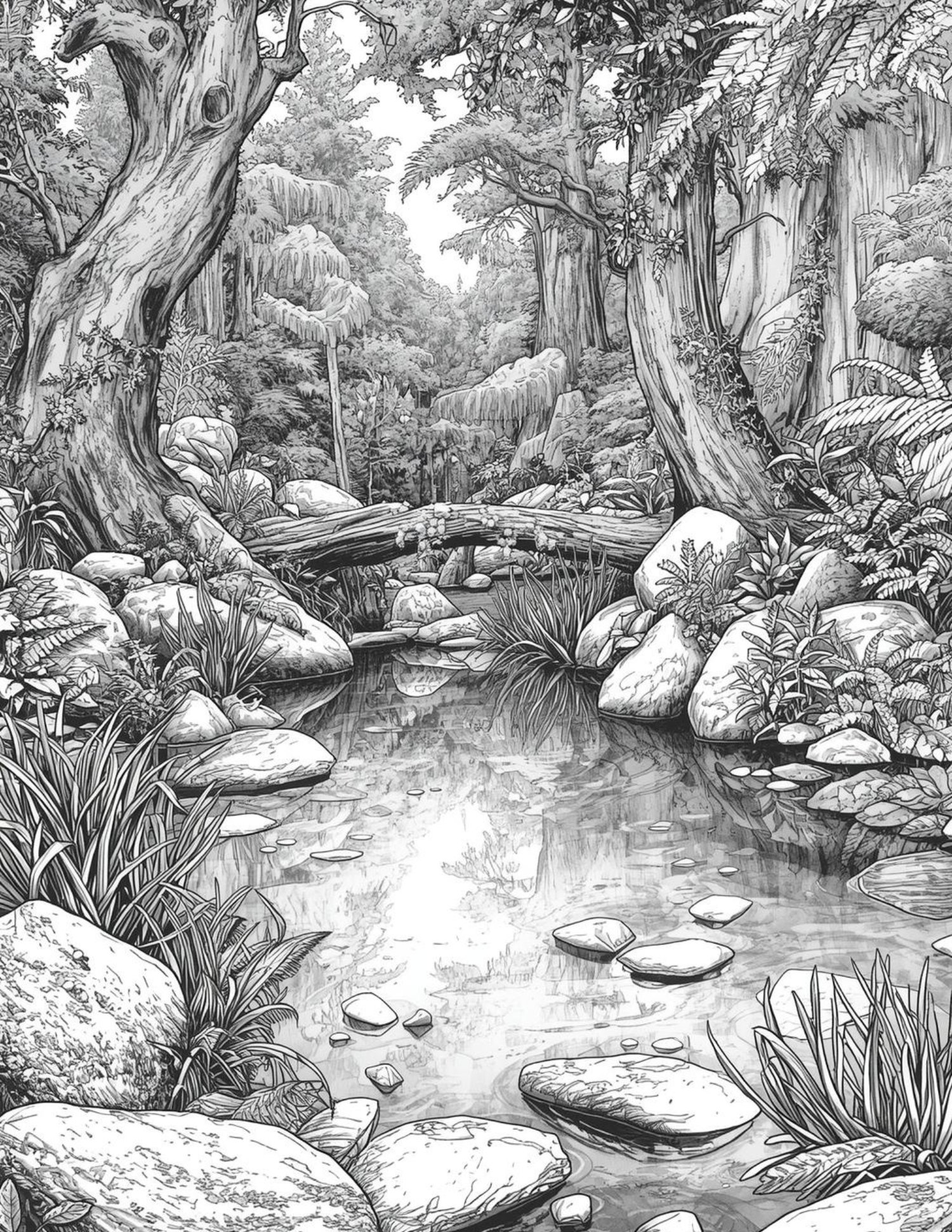 Detailed engraving-style line art of a wild forest scene with dense trees and foliage, printable coloring page.