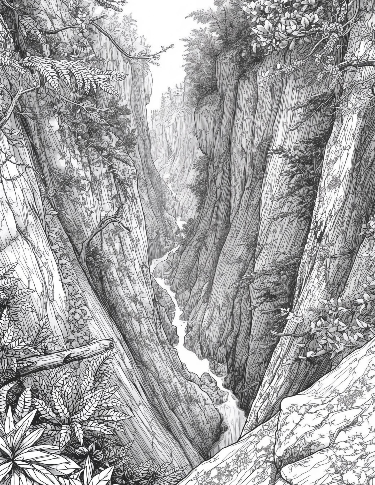 Detailed engraving-style line art of a wild forest scene with dense trees and foliage, printable coloring page.