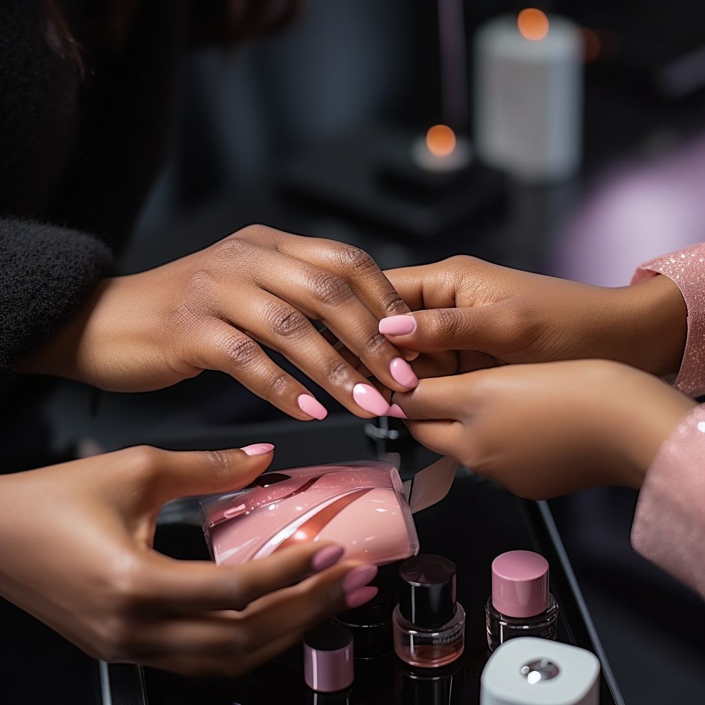 Nail technician handing a business card to a client in a clean, modern studio, demonstrating local marketing strategies for nail techs.