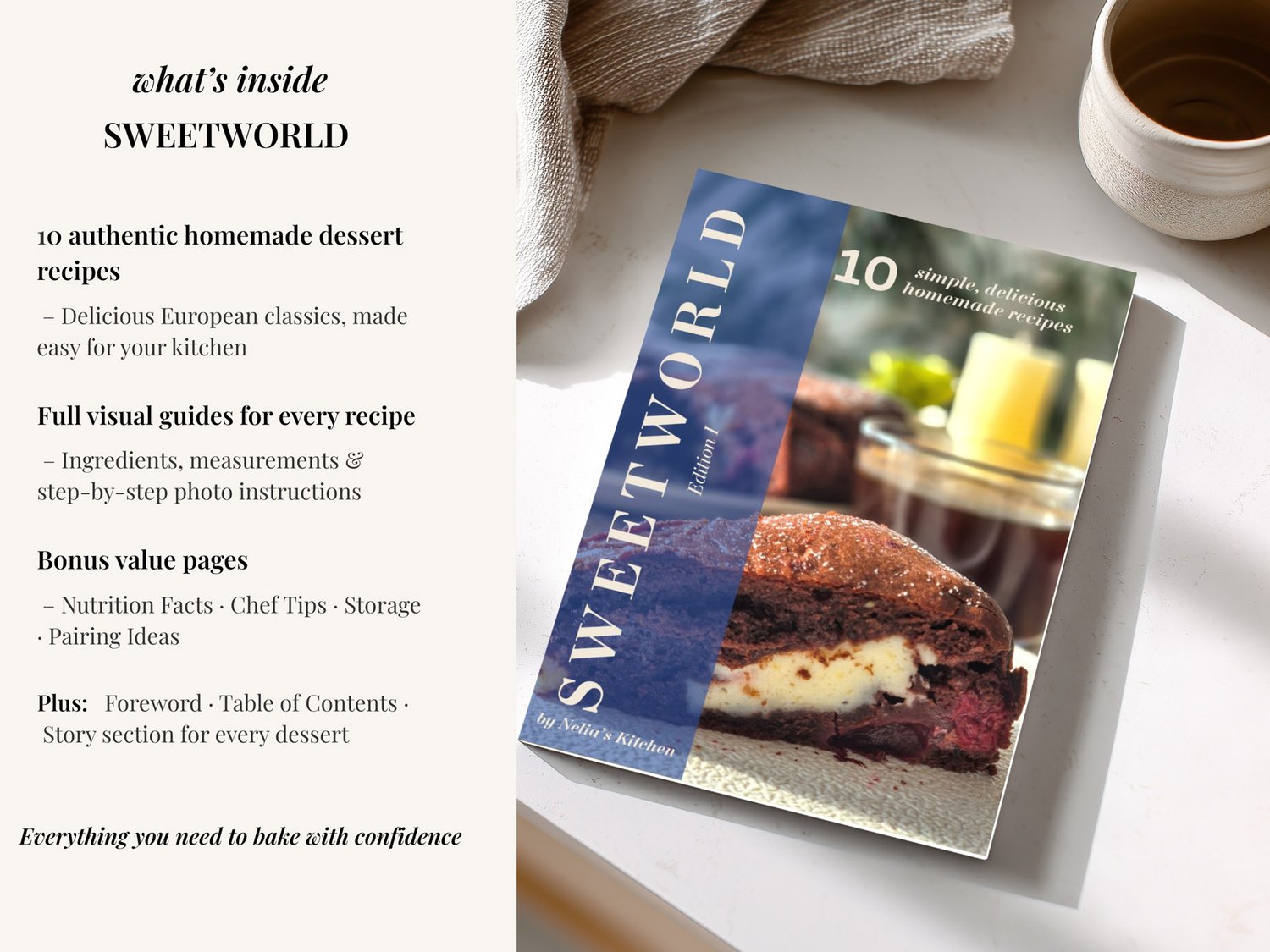 SweetWorld Edition 1 recipe ebook shown on a table with coffee and styled props.