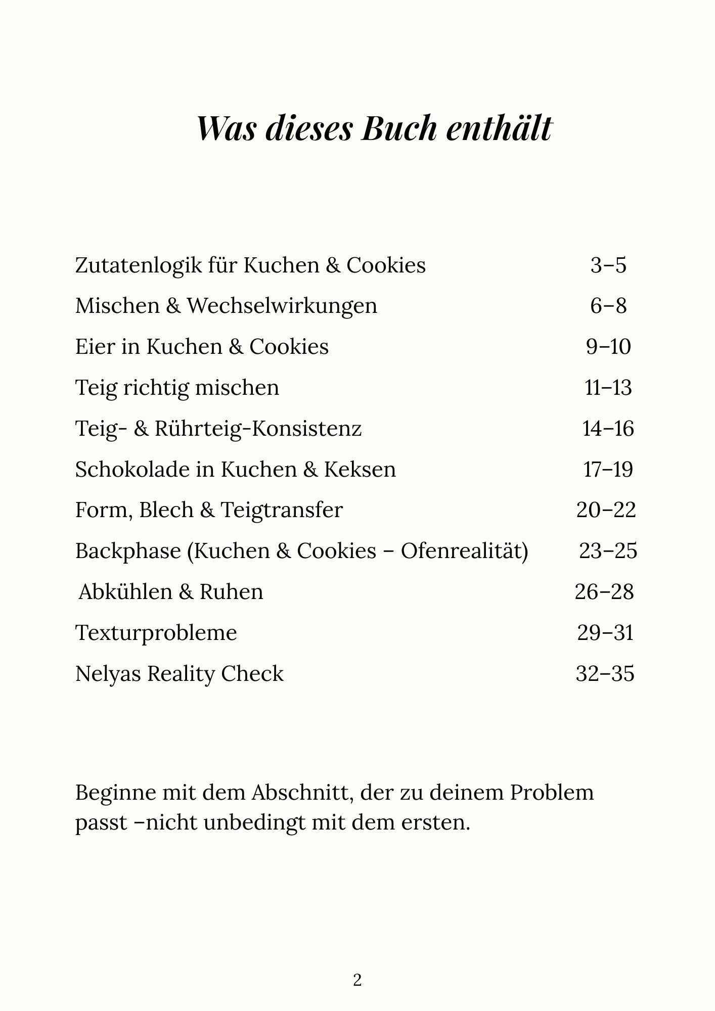 Inhaltsverzeichnis des Backfehler-Guides mit Kapiteln zu Zutaten, Rühren, Ofen, Textur und Lösungen